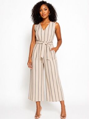 Lane Bryant Cream/Navy Striped Belt Jumpsuit 12 Stockphoto to show possible fit